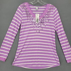 RXB Purple Preppy Striped Sequin Shirt V-Neck Long Sleeves NEW $58 Womens Size S